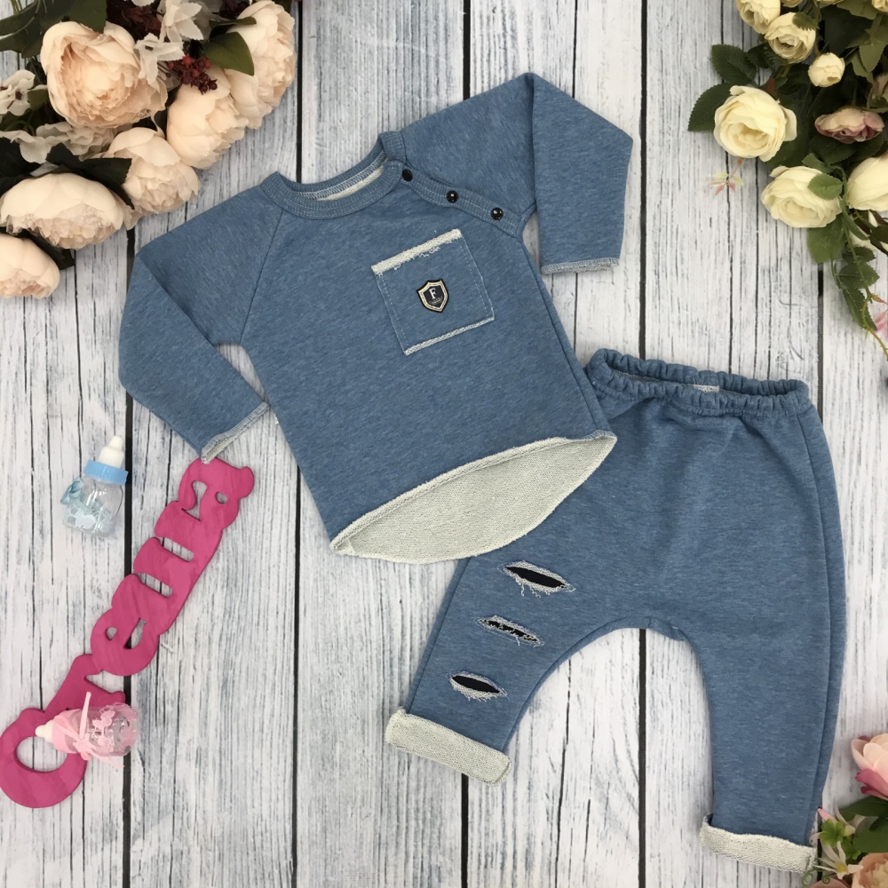 239. Костюм ясельный, хлопок 65%, 35% ПЭ, 3-х нитка футер без начеса, джинса 74,80,86