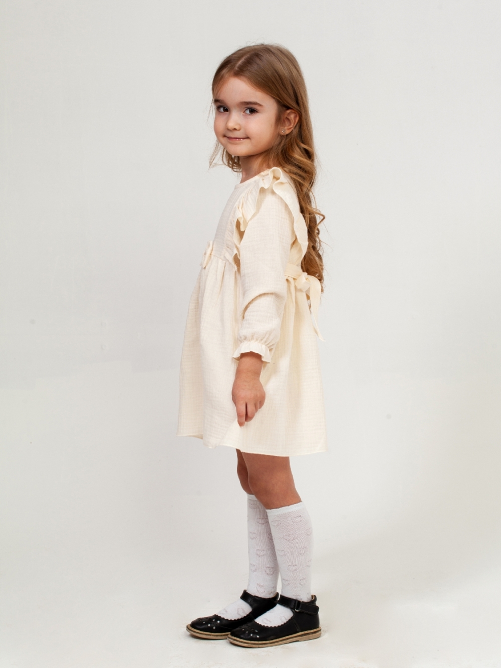 321-СЛ. Платье из муслина детское, хлопок 100% сливочный, р. 74,80,86,92